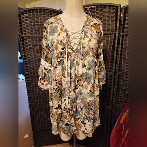 Entro Floral Lace-Up Tunic - Cream and Blue